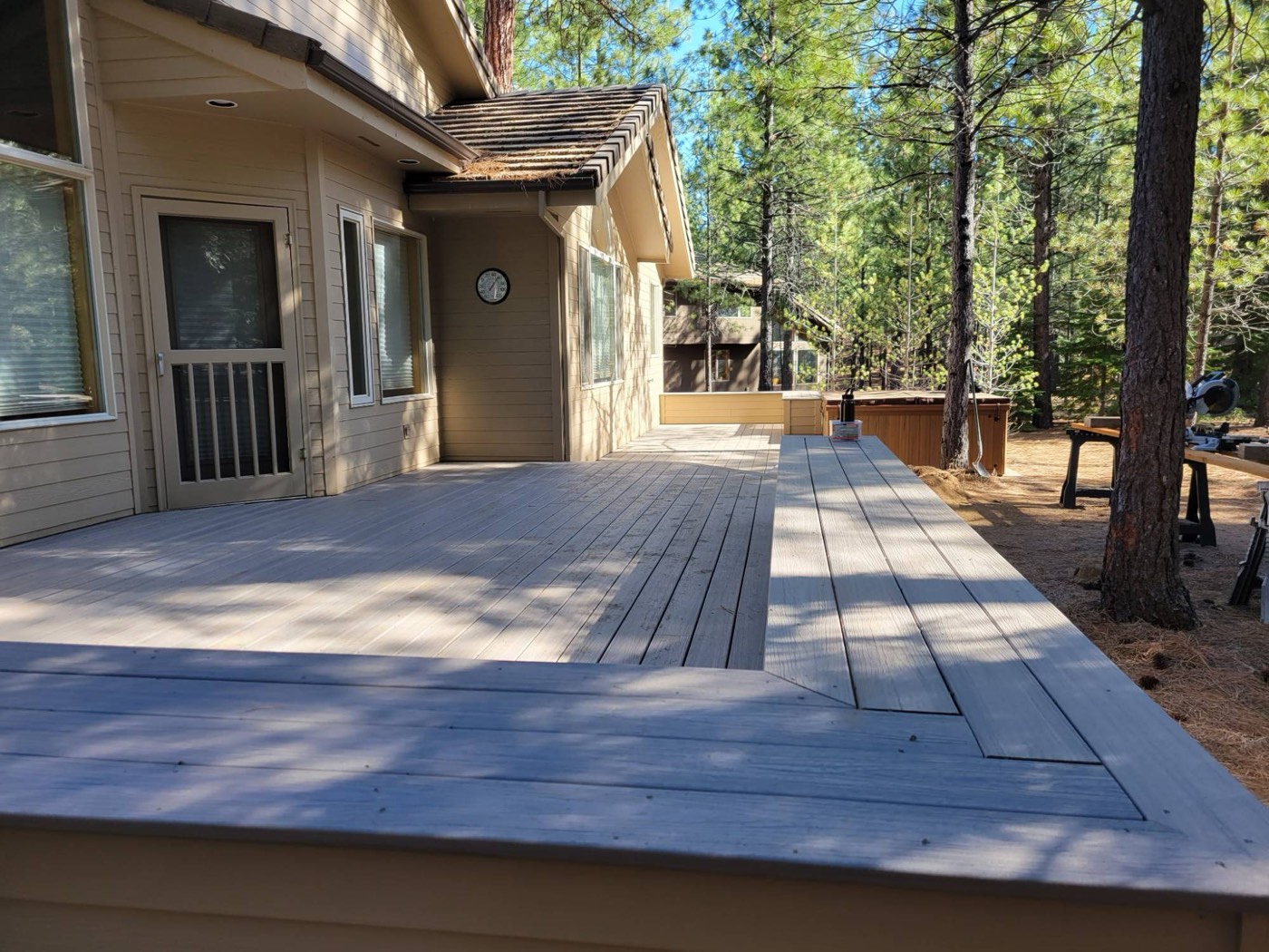 Built-in benches clad in siding to match the home